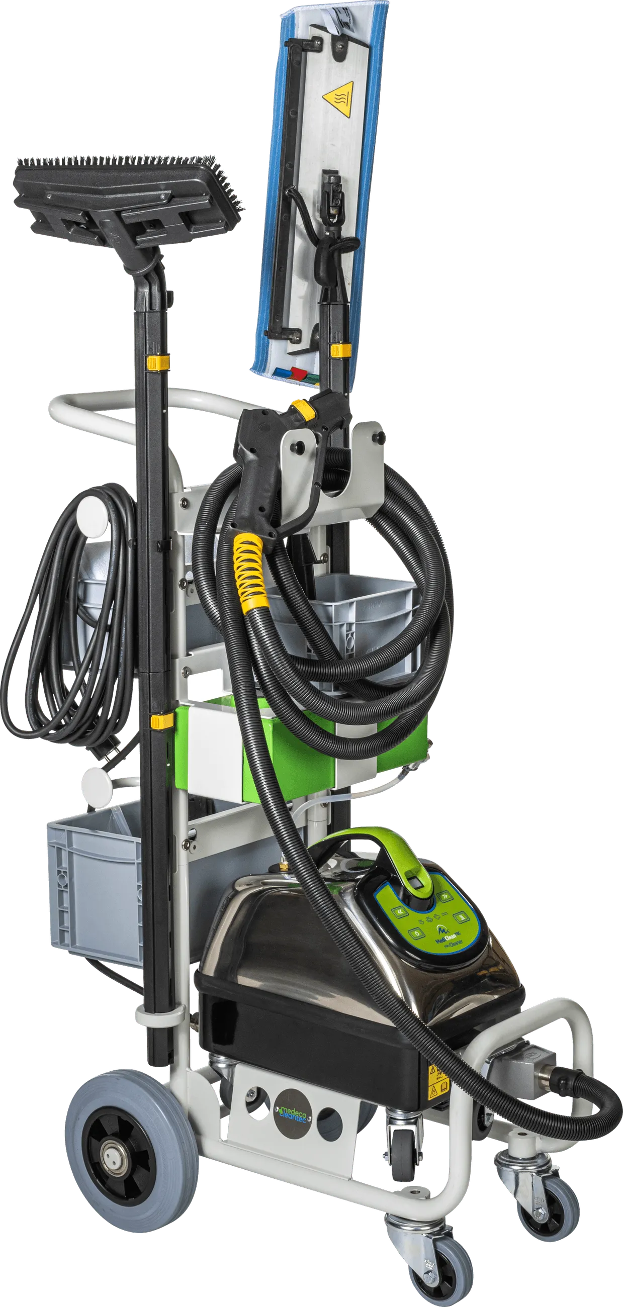 Der mct Microcleaner 24/7 auf seinem Servicewagen mit Dampfgerät, Schlauch, Bodendüse und Zubehör