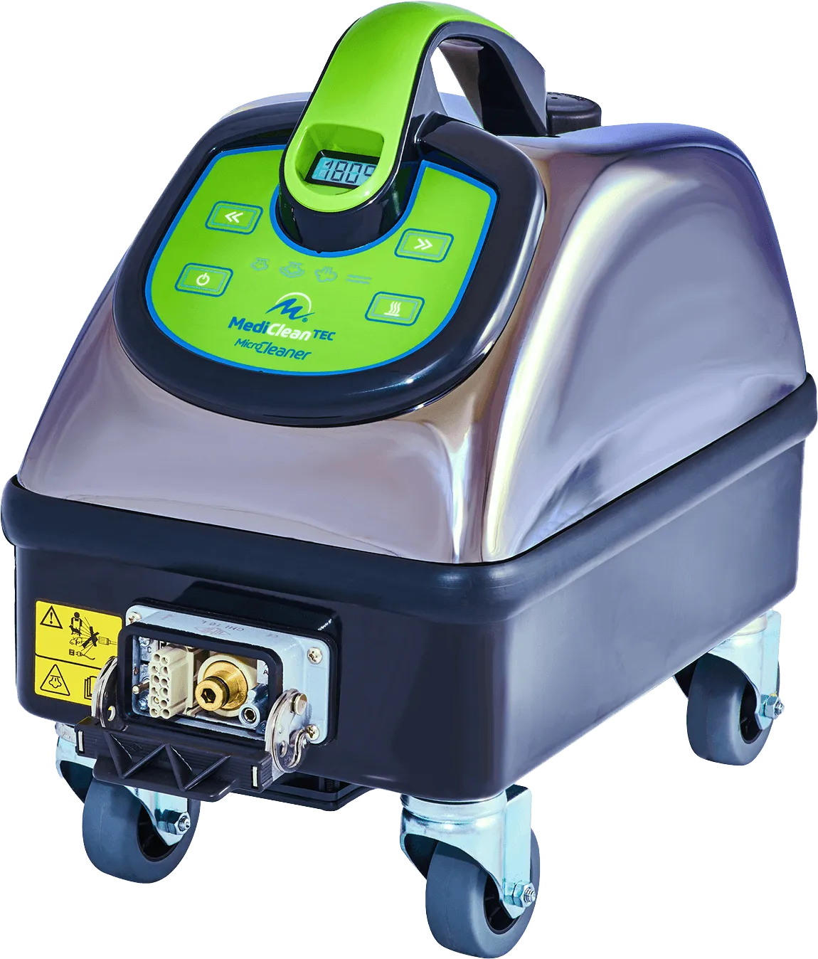 Der mct Microcleaner 24/7 mit Bedienfeld, Dampfanschluss und Temperaturanzeige bei 180 Grad
